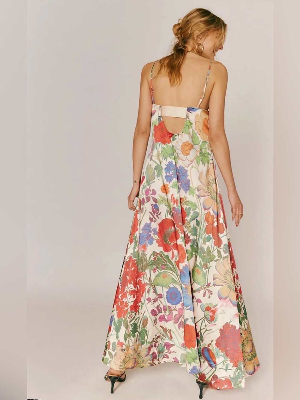 Free People Floral Maxi Slip Dress in Cream with Red, Green & Blue Floral Print